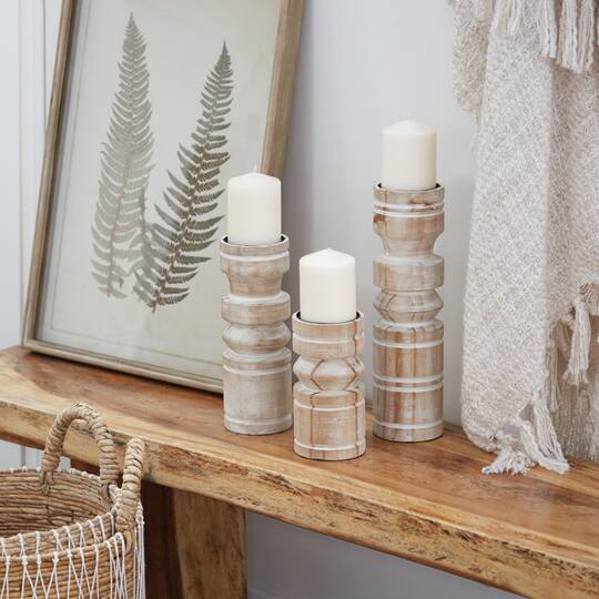 Brown Wood Natural Candle Holder Set